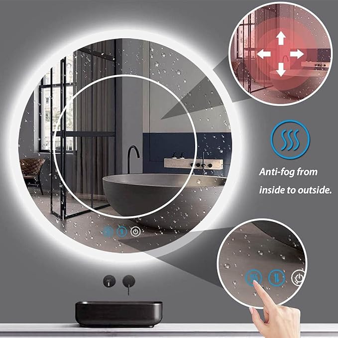 24 Inch Round Lighted Vanity Mirror with Lights Smart Memory Anti-Fog Adjustable Brightness 3 Color Backlight 24" Frameless LED Circle Round Backlit Mirror for Bathroom Hotle Wall Mounted