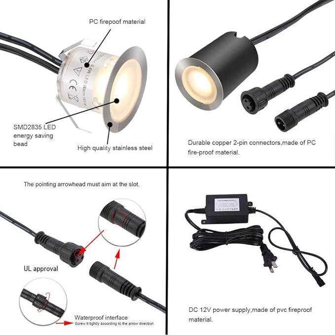 SMY Lighting 10 Pack Recessed LED Deck Light Kits with Protecting Shell, 32mm, Warm White, IP67 Waterproof, 12V Low Voltage, for Outdoor Garden, Patio, Stair, Kitchen Decoration