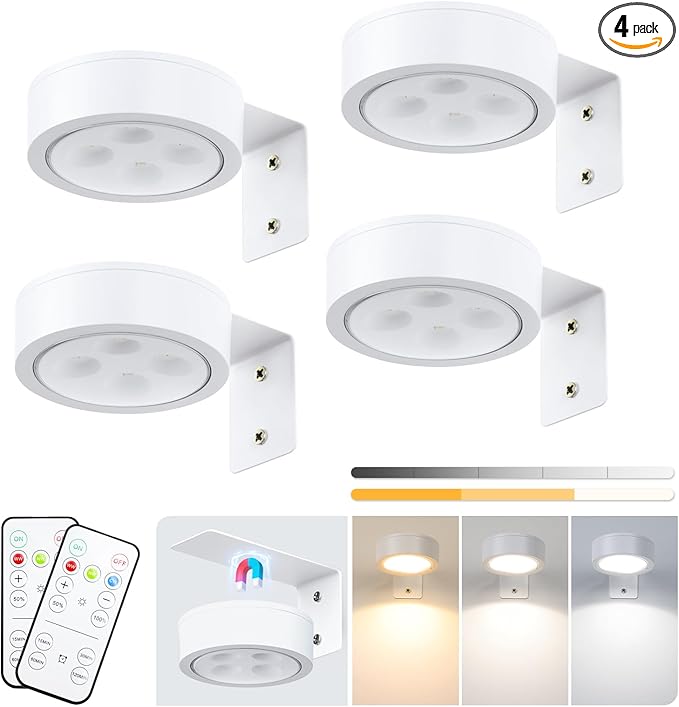 4-Pack Battery Picture Lights, Remote Painting Light for Art Disaplay,Magnetic LED Wall Picture Light, Dimmable & Timer, 3 Lighting Modes Art Display Light for Gallery Dartboard Frame Pictures, White