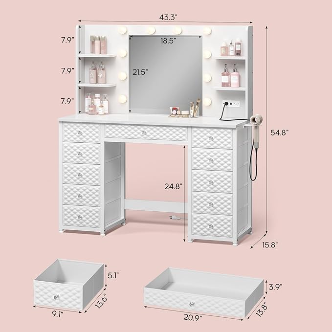 Vanity with Lights and Mirror, 11 Drawer Makeup Vanity with Power Strip, 6 Open Shelves, 43.3” Vanity Desk with Storage, Dressing Table with 3 Color Modes for Bedroom, Women, Girls (White)