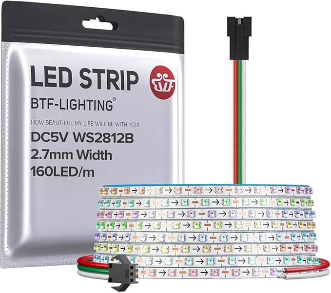 BTF-LIGHTING WS2812B IC RGB 2.7mm Ultra Narrow LED Strip 0807SMD DC5V Individually Addressable 13.1FT 160Pixels/m 640LED Dream Color Tape Light for Home DIY Decoration IP30 (No Adapter or Controller)