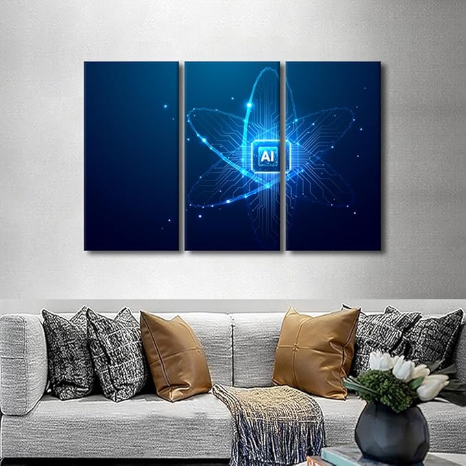 TUMOVO 3 Pieces Canvas Wall Art - AI Intelligence Pictures for Living Room CPU Processor Artwork Giclee for Home Decor AI Painting Gallery-wrapped Framed Ready to Hang, 42" Wx28 H