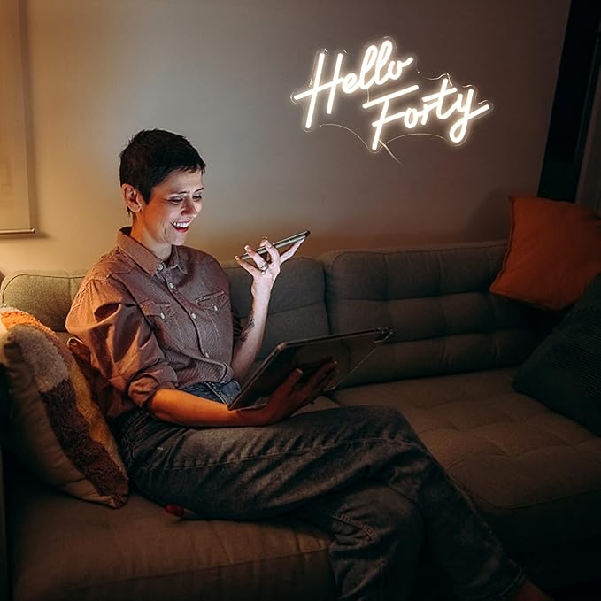 LED Neon Sign for 40th Birthday Decor, 16.5x9.4 Inch Dimmable USB Wall Art with Acrylic Backboard - Warm White Glow for Bedroom, Office, Salon (Hello Forty)