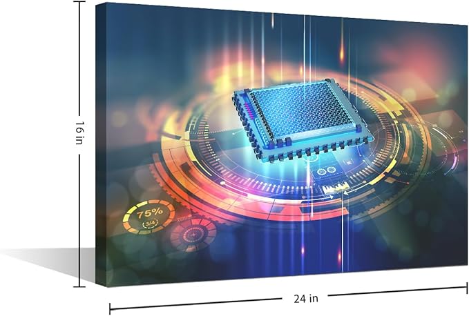 TUMOVO Wall Paintings for Living Room Futuristic CPU Modern Office Wall Art Computer Chip Large Wall Decor Virtual Space Canvas Wall Art for Bedroom Artwork Framed Ready to Hang, 24x16in