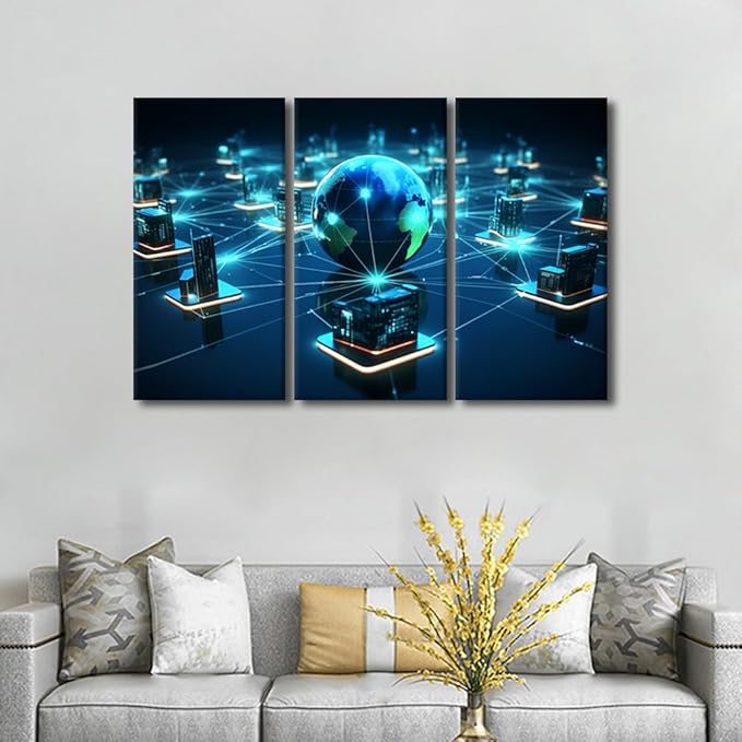 Framed Wall Art 3 Panel Centralized Network Architecture Wall Paintings for Living Room Bedroom Wall Decoration, Concepts Artwork Wooden Framed Gallery-Wrapped Ready to Hang, 42" Wx28 H