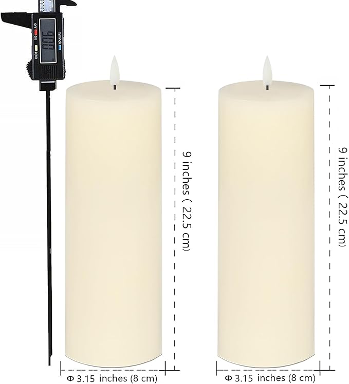 Flameless Candles Set of 2 (3x9 inch) Flickering LED Wax Candles Battery Operated with Remote Control Timers for Fall Decor/Night Light/Fireplace/Party Dimmable Ivory Pillars Flat top