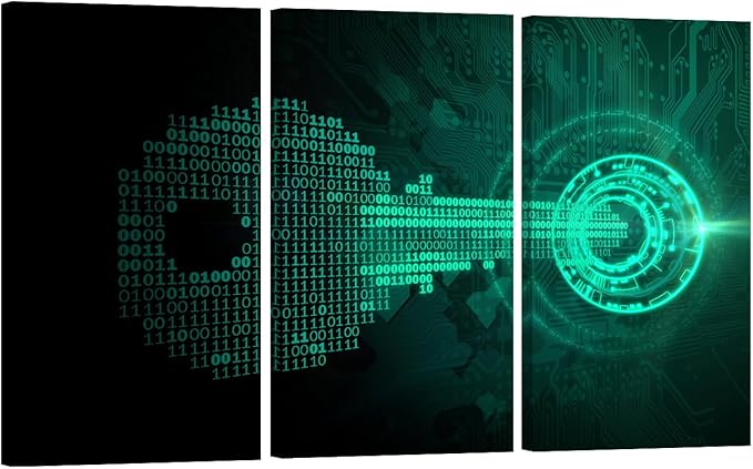 LSIUHWUWI 3 Panel Wall Art Cyber Security Concept Key Made from Binary Code Fits Iinto A Lock Picture Print on Canvas Wall Art for Living Room Decoration, Framed Ready to Hang, 20x40inchx3