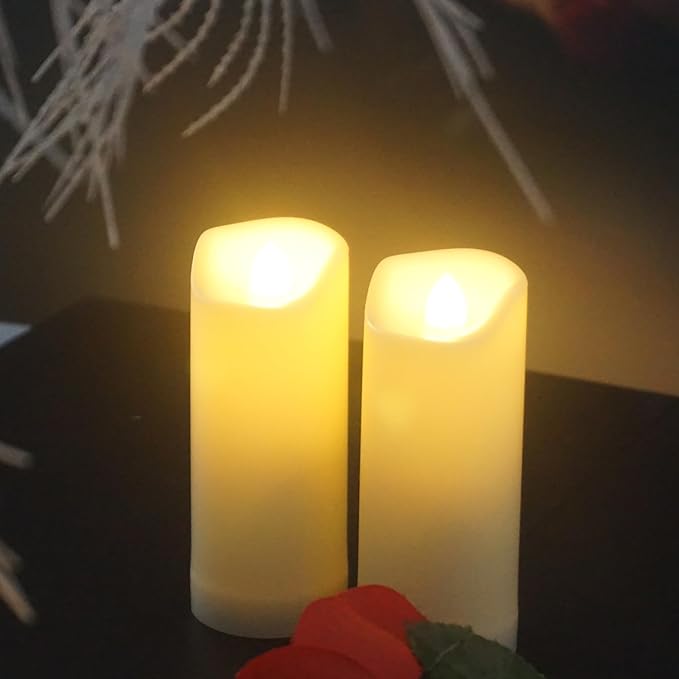 Battery Operated Plastic Flameless LED Pillar Candle with Cycling Timer, Realistic Flickering Electric Light for Indoor Outdoor Bookshelf Wedding Dinner Party Centerpiece Fireplace Decor Pack of 2