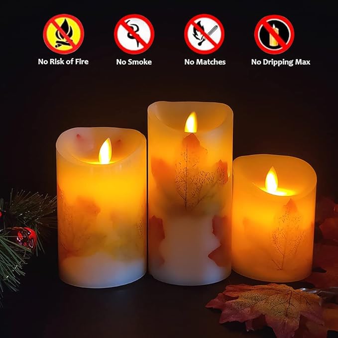 Maple Leaf Flameless Candles Flickering Battery Operated Decorative Candles Set Pack of 3(D: 3" x H: 4" 5" 6") LED Candles with Remote Control Timer (Maple Leaf Candles)