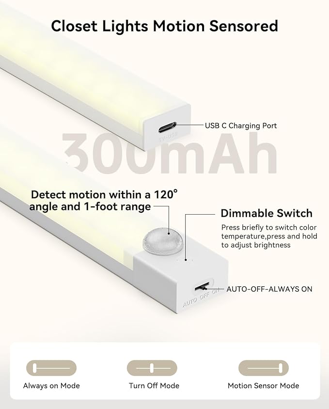 Under Cabinet Lighting 4 Inches Rechargeable Motion Sensor Light Indoor, 3 Color Dimmable Closet Light Battery Operated, USB Stick on LED Magnetic Under Counter Lights for Kitchen Stair,12 Packs