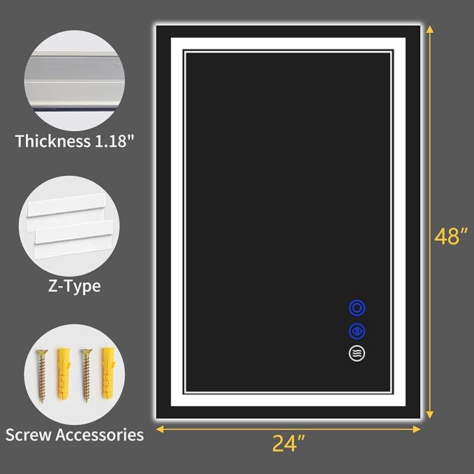 48"x24" LED Bathroom Mirror with Anti-Fog, Stepless Dimmable Lights, 3 Color Modes, Shatter-Proof Tempered Glass,Waterproof Design
