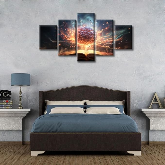 Brain Nervous System Canvas Wall Art for Bedroom Brain in Book Wall Art for Living Room Artificial Intelligence Concept Wall Art Home Decor Giclee Framed Ready to Hang (60"Wx32"H)