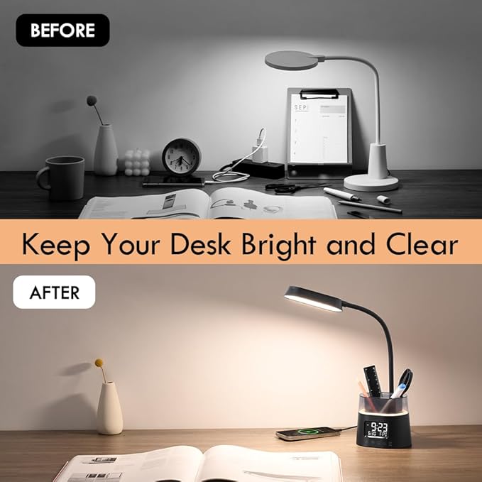 WILIT LED Kids Desk Lamp, Dimmable Study Lamp for Home Office Desk Accessories, with Pen Holder & Clock, USB Charging Port, RGB Night Light, Bedroom & College Dorm Room Essentials for Girls - Black