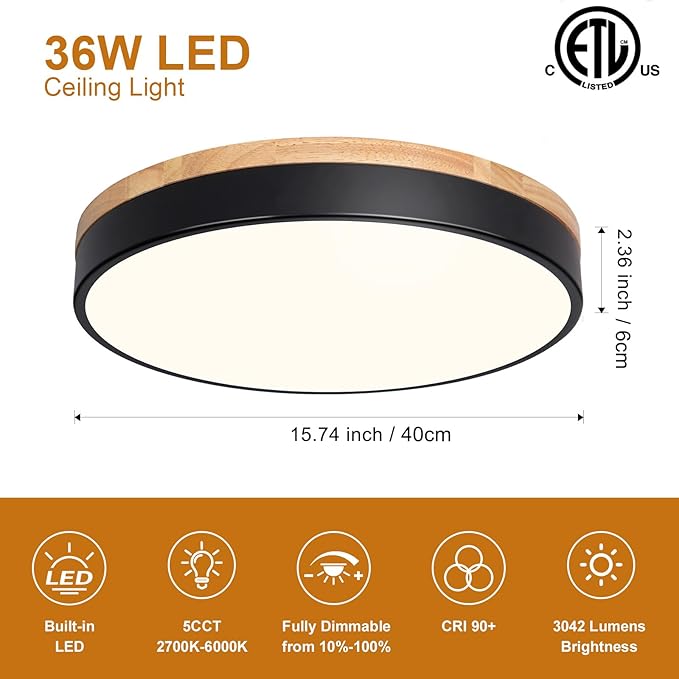 Modern Wood Flush Mount Ceiling Light, Black LED 5CCT 2700K-6000K Dimmable Ceiling Light Fixtures, Round Close to Lighting Fixture for Kitchen Living Room Dining Room Bedroom-15.8in