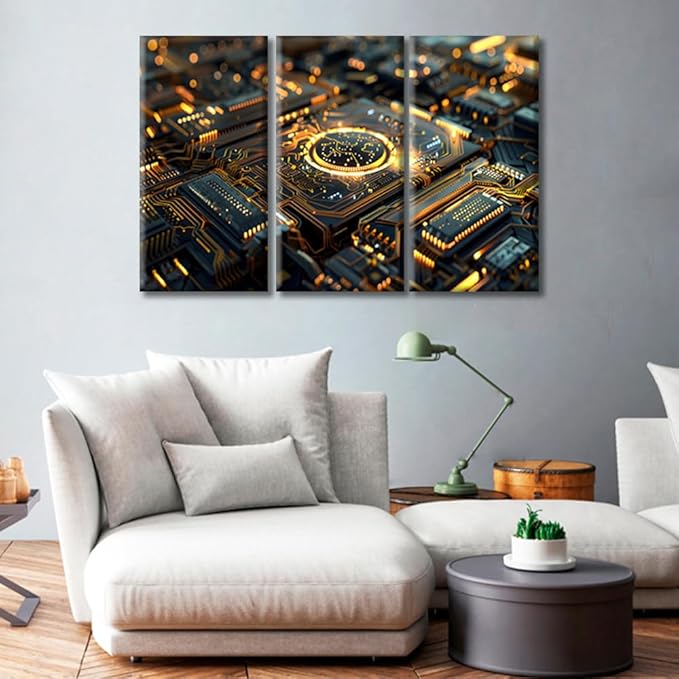 3 Panels Posters & Prints Advanced Circuitry Canvas Wall Art Computer Processors CPU Picture Prints Wall Decor Giclee Wooden Framed Gallery-Wrapped Ready to Hang (36"Wx24"H)