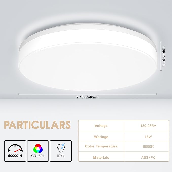 Airand LED Flush Mount Ceiling Light, 18W 1650LM Ceiling Light Fixtures 5000K Daylight, 9.4 Inch Round Waterproof LED Ceiling Lamp for Bedroom, Living Room, Dining Room