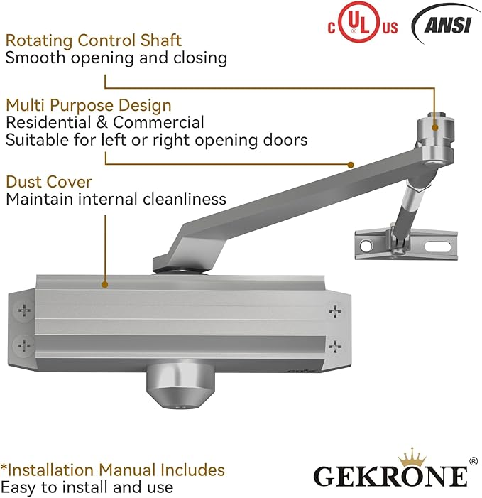 Automatic Door Closer Heavy Duty Fire Prevention Spring Hydraulic Aluminum Alloy Surface Mounted Residential Commerical Door Closer (Silver, Size3-Hold Open Door Weights 187-231 Lbs)