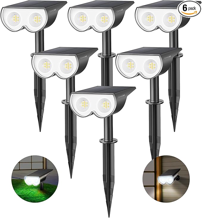 Consciot Solar Spot Lights Outdoor, 16 LEDs IP67 Waterproof Auto On/Off Landscape Spotlights, 2-in-1 Adjustable Wall Lights for Garden Yard Pathway, 6 Pack (Cool White)