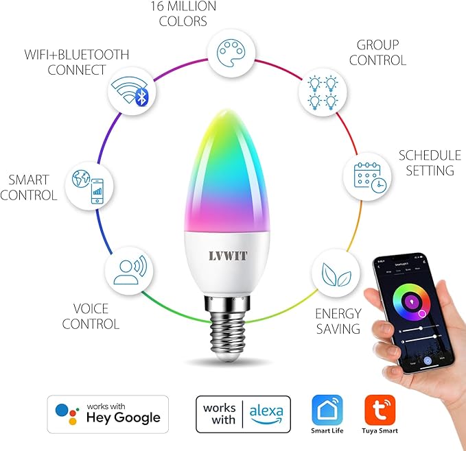 LVWIT Smart Light Bulb, WiFi Chandelier LED Bulb, E12 Base, 4.9W, 470Lm, 6Pk, Color Changing, Dimmable, Compatible with Alexa, Google Home, No Hub Required, B11, Warm White, 50000hrs Life
