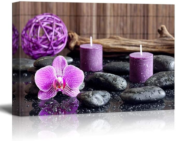wall26 Canvas Print Wall Art Zen Stones with Purple Orchid and Calming Candles Nature Floral Photography Realism Rustic Colorful Multicolor Ultra for Living Room, Bedroom, Office - 32"x48"
