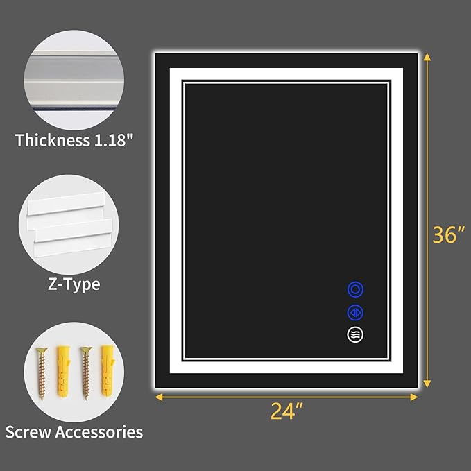 36"x24" LED Bathroom Mirror with Anti-Fog, Stepless Dimmable Lights, 3 Color Modes, Shatter-Proof Tempered Glass,Waterproof Design