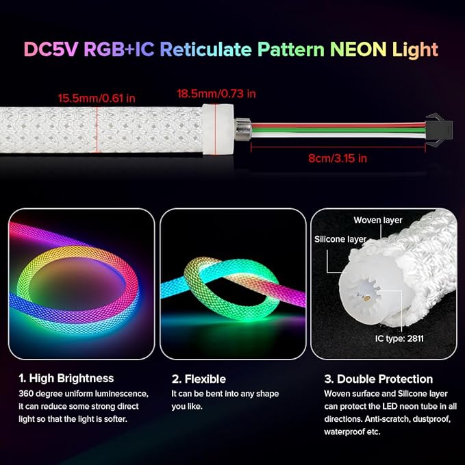 BTF-LIGHTING 3.2FT WS2811 WS2812B IC RGB DC5V 360 Degree Round Reticulate Pattern Chasing Color Neon LED Strip Flexible Nylon Silicone IP67 Waterproof Dream Color Rope Light(No Adapter or Controller)