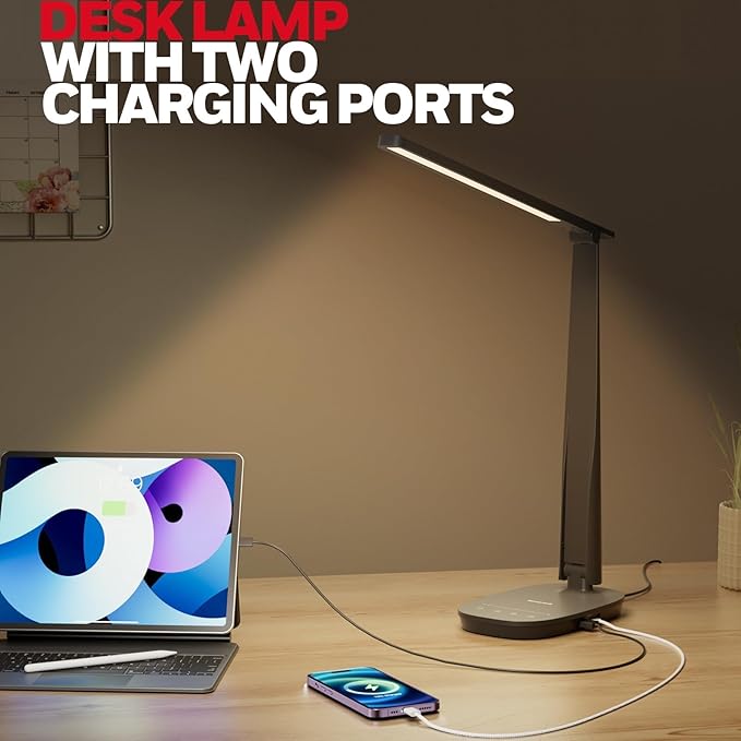 Honeywell HWT-H2 LED Desk Lamp, CRI94 Full Spectrum Eye-Caring Table Light, Foldable Dimmable 4 Color Modes with USB A+C Charging Ports for Home Office Bedroom Reading Study Work (Black)