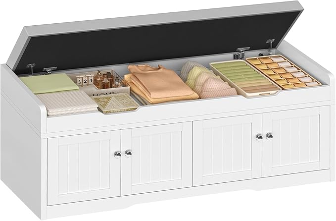 usikey 3-Tier Storage Bench, 47.2" Wide Shoe Bench with Lift Top Storage & 2 Adjustable Shelves, Entryway Bench with Padded Seat Cushion, 4 Doors, Shoe Cabinet Bench for Entryway, Living Room, Bedroom