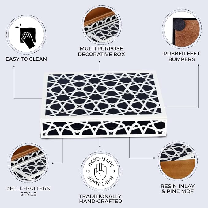 Handicrafts Home Decorative Storage Box with Lid, Black and White Moroccan Zellij Decorative Remote Control Box, Slim Coffee Table Storage Box for Shelf, Desk & Living Room Decor, Zellij 8 x 6 x 1.5