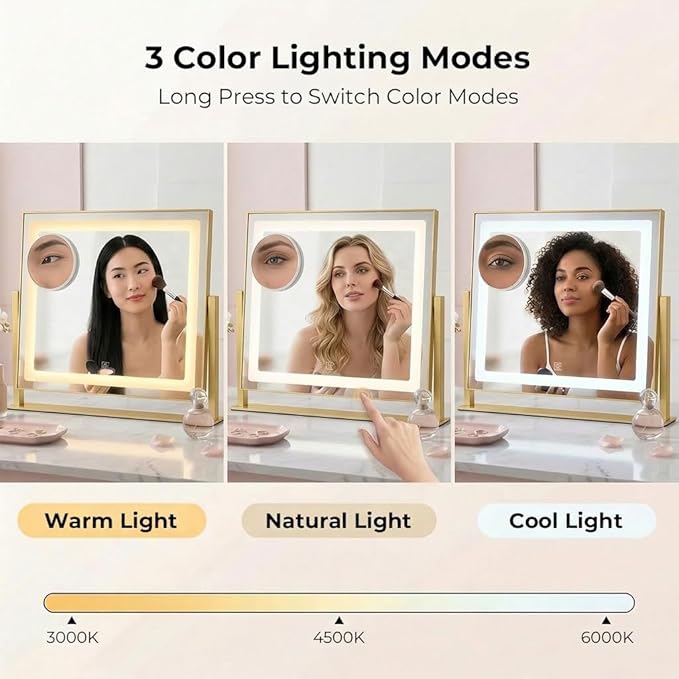 Vanity Mirror with Lights, 12" x 16" Lighted Makeup Mirror with Smart Touch Control, LED Makeup Mirror with 3 Color Lighting Modes, 360° Rotation, 10X Magnification for Tabletop - Gold