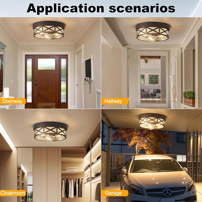 Adjustable Motion Sensor Flush Mount Ceiling Lights,3-Light Outdoor Ceiling Light Fixture for Entryway,Hallway,Porch,Patio,Storage Room and Garage,12 inch Round Matte Black Metal Modern Ceiling Lamp