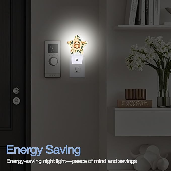 Cute Sloth Night Lights Plug Into Wall,Spring Leaves Star Night Light for Kids,Nightlight with Dusk to Dawn Smart Sensor for Bedroom Bathroom Decor,Children Women Men Gift