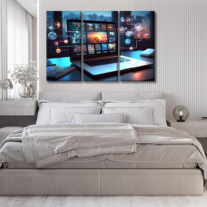 3 Panel Framed Wall Art Cloud Technology,Smart Home Picture Poster for Bedroom Living Room Wall Decoratio, Concept Art Gallery-Wrapped Ready to Hang 20x40inchx3