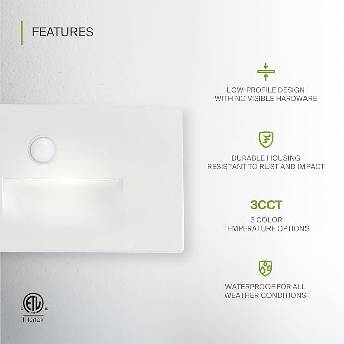 ASD LED Recessed Step Light Fixture, Outdoor & Indoor Stair Tread Lighting | 3CCT, Motion Sensor, Waterproof, ETL Listed | 3W 120LM 3000K-5000K 120V | Staircase Hardwired Illumination | White, 4 Pack