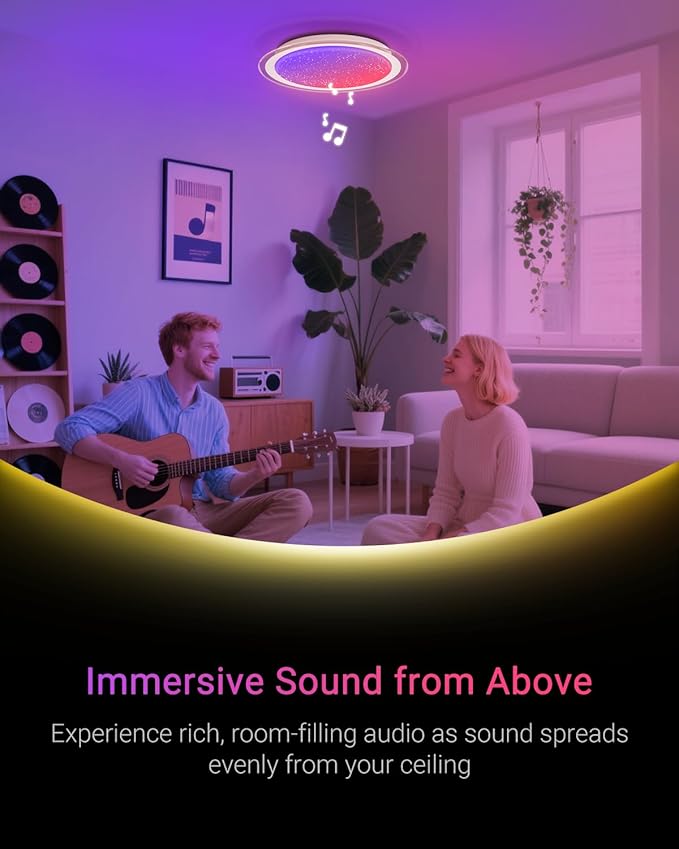 1-Pack, 20 inch Smart LED Music Ceiling Light with Bluetooth Speaker, Compatible with Alexa & Google Home, Color Changing RGB Dimmable Light for Living Room, Bedroom, Kitchen