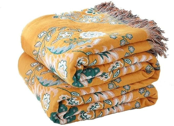 Boho Throw Blanket for Bed,100% Cotton Ultra Soft Lightweight Muslin 4-Layer Breathable Woven Throws 90''x 98'' Blanket Yellow Floral Farmhouse Decor Bed Blankets