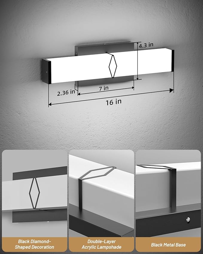 Bathroom Light Fixtures Over Mirror,16inch Modern Vanity Lights for Bathroom,20W 2000lm Dimmable LED Vanity Light Bar,Black Vanity Lighting Fixtures,5700K Cool White,ETL Certified