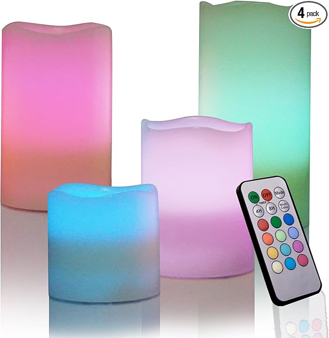 CANDLE CHOICE Battery Operated Color Changing Flameless Candles with Remote Timer Real Wax Realistic Flickering Electric Multicolor LED Pillars Lights for Home Wedding Christmas Decorations 4 PCS