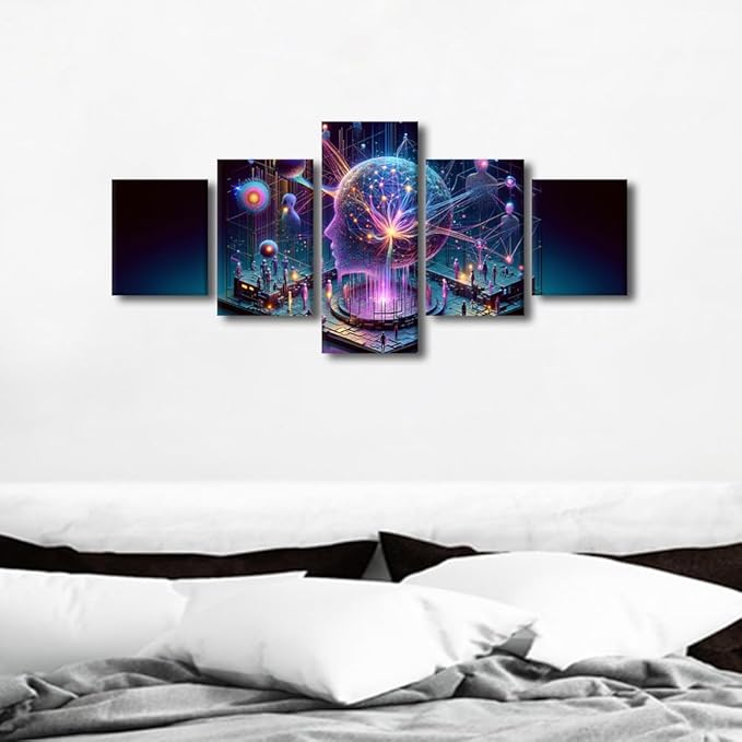 TUMOVO 5 Panel Human Head with Glowing Neurons in Brain Wall Art Ai Generative Canvas Painting Human Brain Pictures for Living Room Wall Decoration Posters and Prints for Bedroom Office 50" Wx24 H