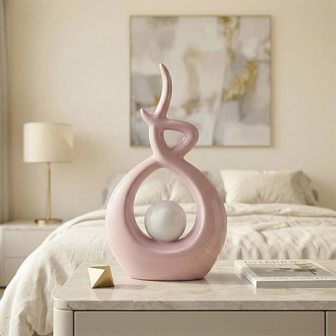 Pink White Modern Sculpture Table Decorations, Ceramic Knick Knacks Statues for Living Room Decor, Tv Stand and Desk Decor, Suitable for Coffee Tables and Shelf Decorations, Great Gift Idea