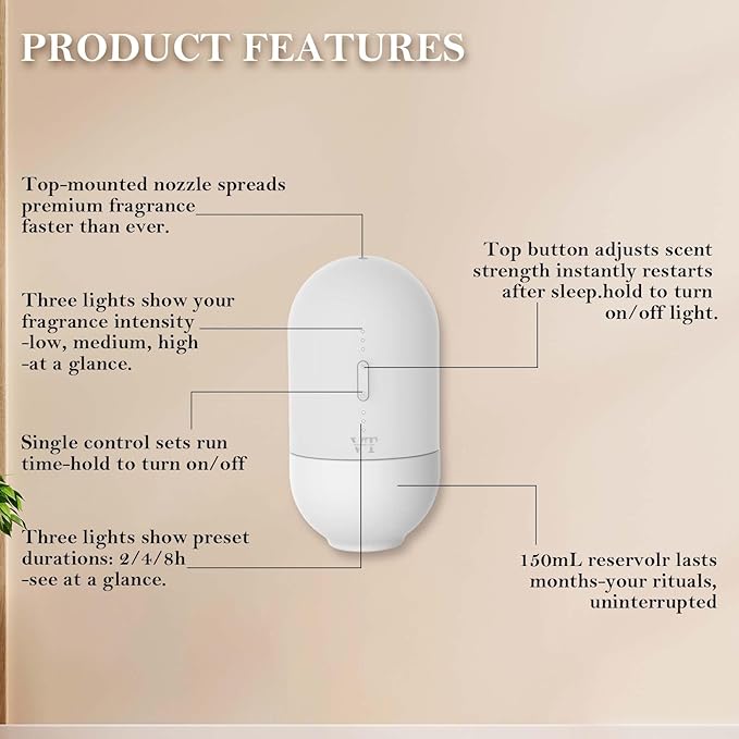 Plug in Waterless Oil Diffuser and 5 OZ Essential Oil for 600 Sq. Ft Room Home Hotel Office, Mini Wall Mounted Smart Scent Air Freshener Machine with Bluetooth App, House Outlet Aroma Diffuser White