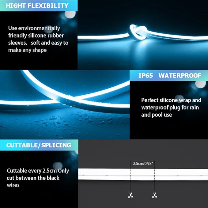 LED Neon Lights Strip White 16.4FT/5M 12V DC Waterproof Flexible Neon Led Light for Indoors Outdoors Decorn (Ice Blue, 1Pc：No Adapter, No Accessorie)