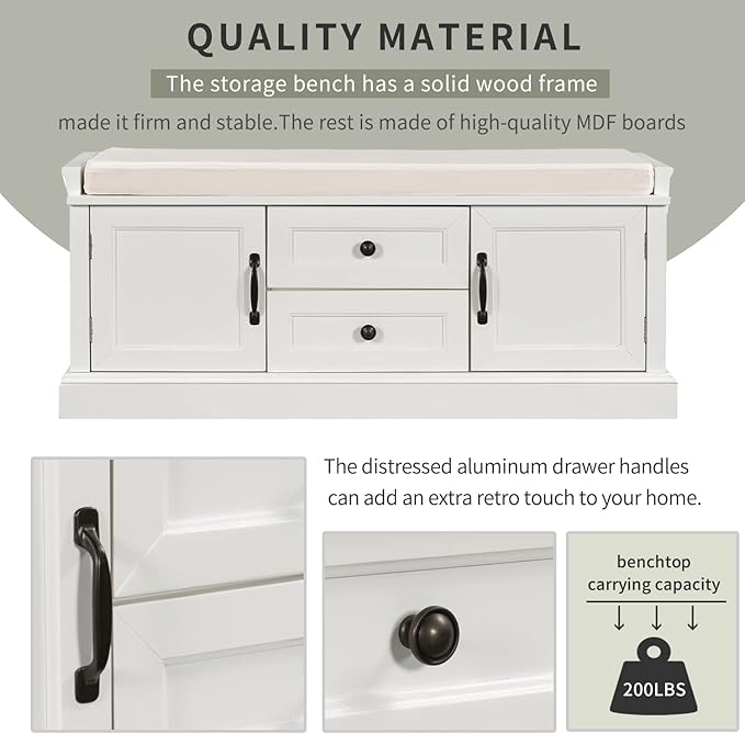 Knocbel 42.5" Entry Storage Bench with Removable Cushion, 2 Drawers and 2 Cabinets, Entryway Hallway Foyer Shoe Bench End of Bed Bench with Aluminum Handles, 200lbs Weight Capacity (White)
