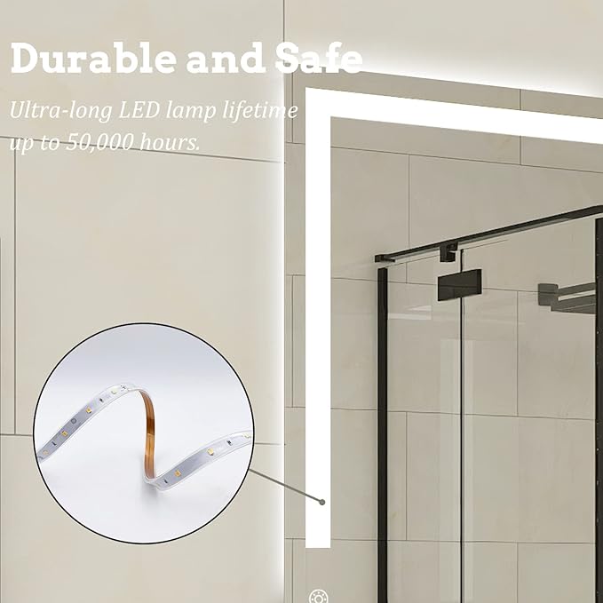 28 X 20 Inch LED Bathroom Vanity Mirror, 3 Colors Light Dimmable, Wall Mounted Memory Lighted Makeup Mirror with Anti-Fog Touch Switch (Front-lit&Backlit)