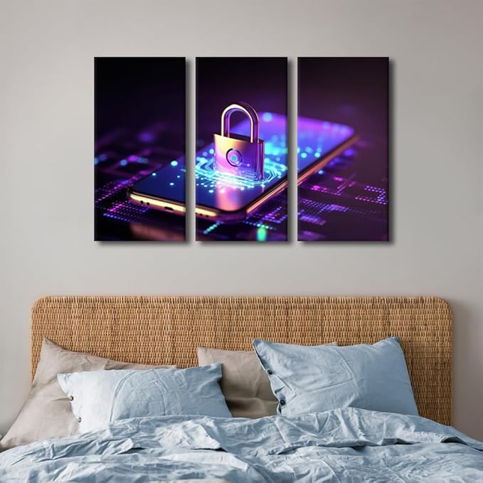 TUMOVO Wall Art for Living Room 3 Panel Cyber Security and Data Protection Concept Pictures Posters Contemporary Wall Decor for Home Office Hotel Wall Wooden Framed Ready to Hang, 36" Wx24 H