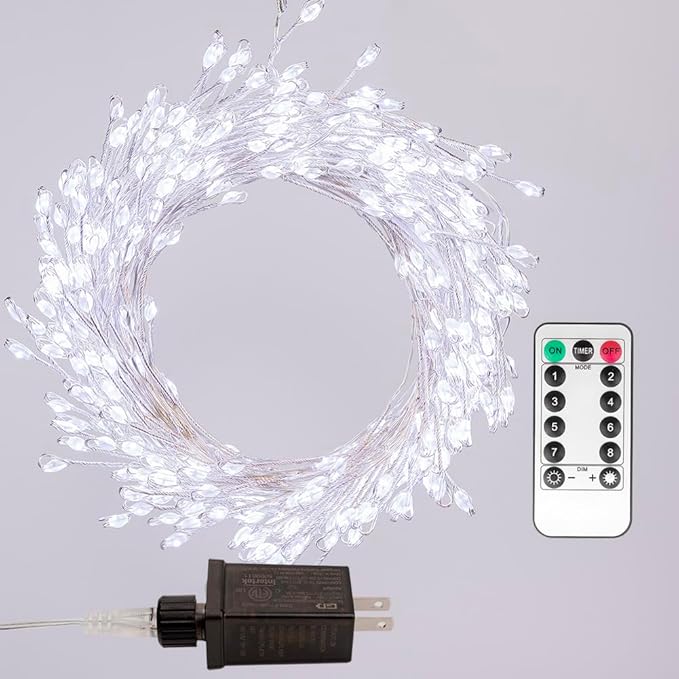 Fairy Lights Plug in, 20 Feet 200LED Cool White Silver Wire Firecracker Firefly Lights with Remote, Waterproof Copper Wire Lights for Bedroom Wreath Window Wedding Christmas Tree Decoration