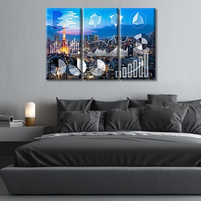 TUMOVO Wall Decor Currency Business Posters and Prints 3 Piece Cityscape at Night Background Market Charts Paintings Art Prints Wall Decor Living Room Framed Ready to Hang (36" Wx24 H)