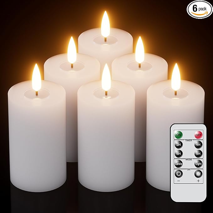 Eldnacele Flameless Pillar Flickering Candles With Remote and Timer - Battery Operated 3D Wick Real Wax LED Set of 6 White - Christmas Holiday Decor Wedding Home Indoor Decorations