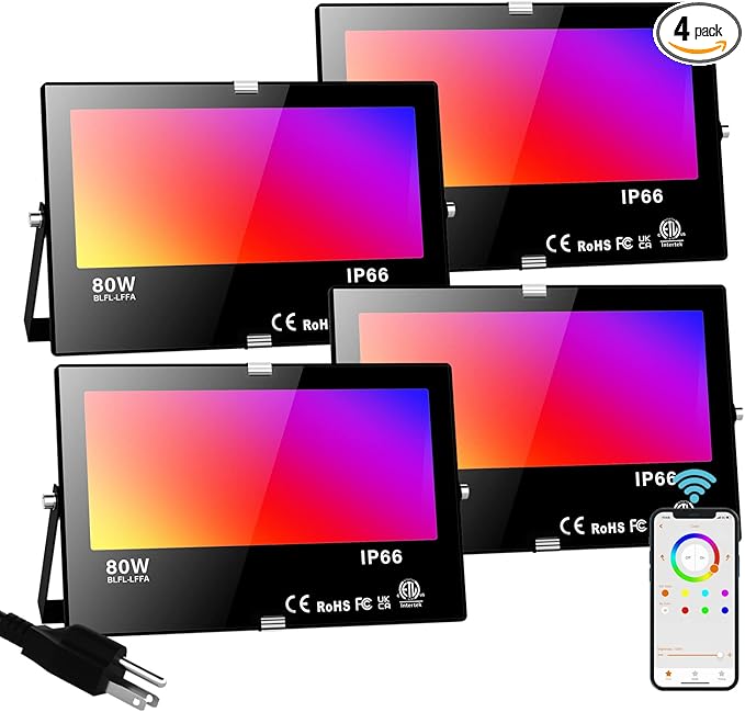 LED Flood Light Outdoor 800W Equivalent Bluetooth Smart Color Change Landscape Lighting DIY-Scene+RGB Colors+Warm White 2700K - APP & Group Control & Timing,IP66 Waterproof US 3-Plug Up Light 4Pack