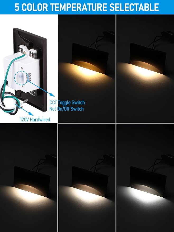 LEONLITE 12-Pack 5CCT 120V LED Step Lights, 150LM 5%-100% Dimmable Stair Lights Indoor Outdoor IP65 Waterproof, Aluminum Anti-Glare Shell, CRI90 ETL 2700K/3000K/3500K/4000K/5000K, Oil Rubbed Bronze